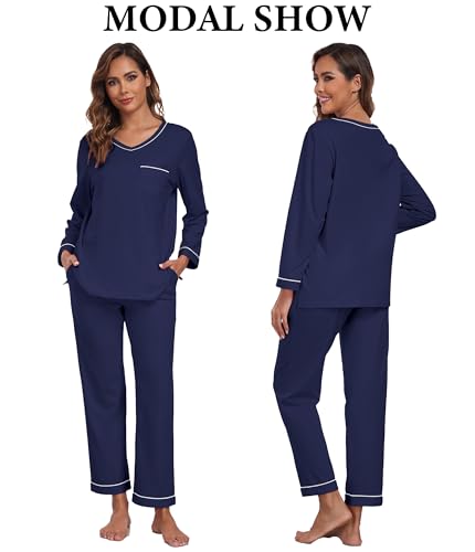 ANLIQI 100% Cotton Pajamas for Women Long Sleeve V Neck Top and Pant Sleepwear Loungewear Pjs Sets 2 Piece Pjs with Pockets2