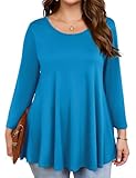 JollieLovin Womens 3/4 Sleeve Loose Fit Swing Tunic Tops Basic T Shirt (Lake Blue, 1X)