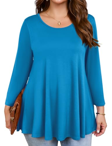 JollieLovin Womens 3/4 Sleeve Loose Fit Swing Tunic Tops Basic T Shirt(1X,Lake Blue)