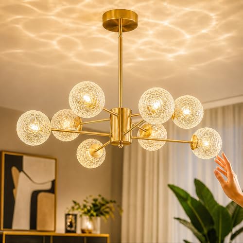 Image of Mid Century 8-Light Chandelier,Modern Glass chandliers for Dining Room,Gold Sputnik Chandelier Pendant Light fixtures for Living Room,Kitchen Island,Bedroom