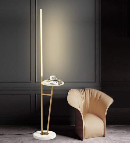 Image of Linear LED Floor Lamp with Shelf for Living Room | Gold Metal Standing Lamp with Vertical Light Bar | Modern Floor Lamp for Bedroom, Corner, Reading & Home Decor