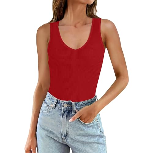 Camiseta de tirantes para mujer, acanalada, sexy, sin mangas, corte ajustado, camiseta básica, camiseta corta, parte superior acanalada, cuello en V, camisola informal, rojo, XL