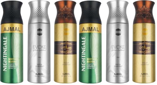 Image of Ajmal 1 Nightingale for Men & Women, 1 Ajmal Evoke Silver Edition for Him for Men and 1 Wisal Dhahab for Men Deodorants each 200ML Combo pack of 6 (Total 600ML)