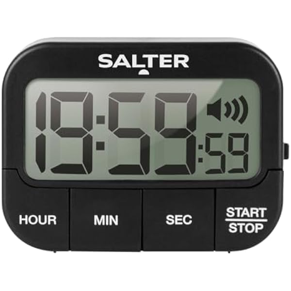 Salter 355 BKXCDU Elektroniczny minutnik premium z glosnym alarmem, magnetyczny/wolnostojacy, minutnik/stoper, do 19 godz. 59 min 59 s, 3 stopnie glosnosci, pamiec, duzy przycisk Start/Stop, czarny