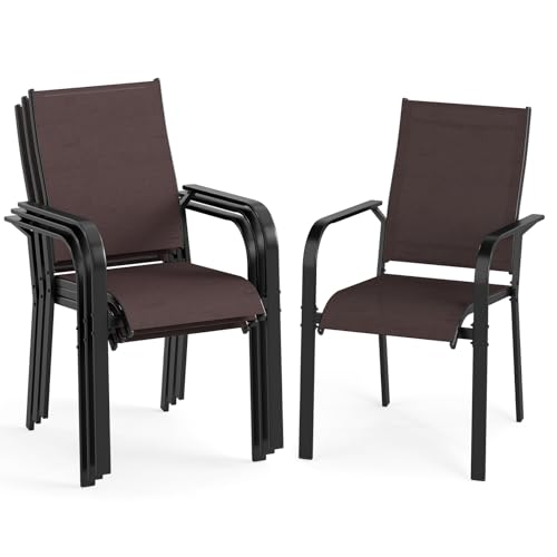 Image of Giantex Patio Chairs Set of 4, Stackable Outdoor Dining Chairs with Breathable & Quick-Dry Mesh Fabric, Armrests, Backrest for All Weather, Lawn, Backyard, Poolside, Porch, 350 LBS Capacity