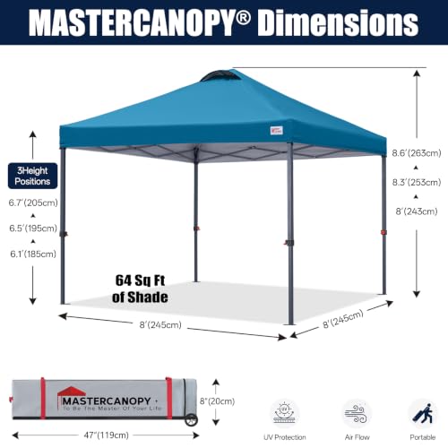 Image of MASTERCANOPY 8x8 Durable Pop Up Canopy Tent with Roller Bag, Cyan Blue