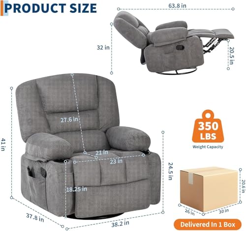 Image of Oversized Manual Swivel Recliner Chair for Adults, 360 Swivel Rocker Glider with Vibration Massage & Heat, Extra Wide Chenille Fabric Lazy Chair for Living Room Bedroom, Dark Gray Chenille