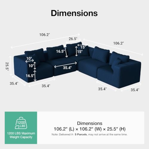 Image of Novilla 106 inch Modular Sectional Sofa, V Shape Sectional Couch, Modern Cloud Design with Smarts Coil Support, Boneless Sectional Couch for Living Room Apartment, No Assembly Required, Blue