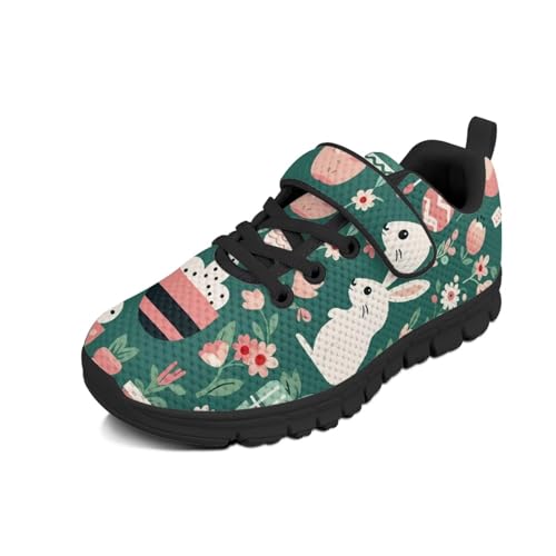 Kids Shoes Little Kid Boys Girls Athletic Running Sports Strap Sneakers for Little Kid/Big Kid Easter Rabbit Eggs Pattern（Black Sole）