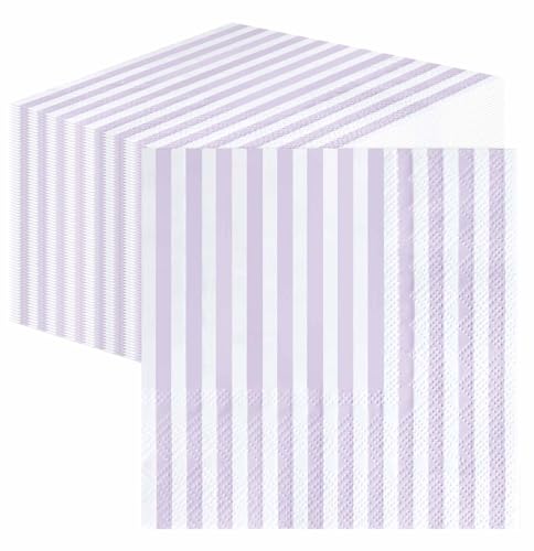 SietDESEO 50 Pieces Light Purple Striped Napkins Disposable 3-Ply Lavender and White Striped Cocktail Napkins Paper Dinner Napkins for Birthday Baby Shower Wedding Party Beverage Napkin