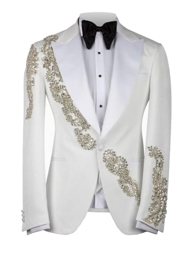 Men's Tuxedo Jacket Rhinestones One Button Slim Dress Blazer for Groom Wedding White Prom Dinner Party Suit Blazer