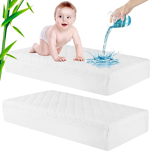 Image of Waterproof Crib Mattress Protector, Baby Mattress Cover, Soft and Breathable Quilted Toddler Mattress Pad 52"×28", White, 2 Pack