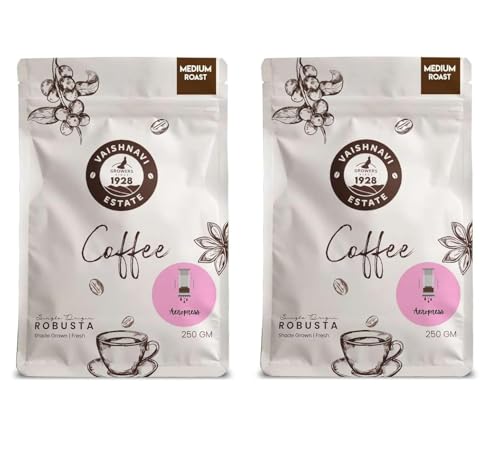 Image of Vaishnavi Estate - Bag Contains 250 Gms Of 100% Single Origin| Robusta Coffee | Roasted To Exacting Standards Ensuring A Perfect Cup Every Time(Aeropress 250Gm, Pack Of 2)