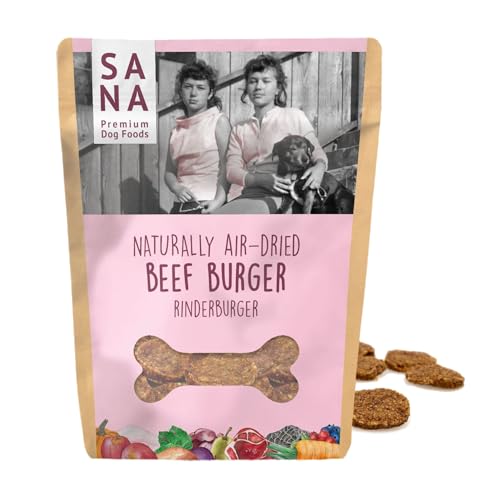 Sana Premium Dog Foods | Hamburguesa de ganado, 100 g, secado al aire, golosinas para perros, aperitivo saludable para perros, sin cereales, sin aditivos, colorantes ni conservantes