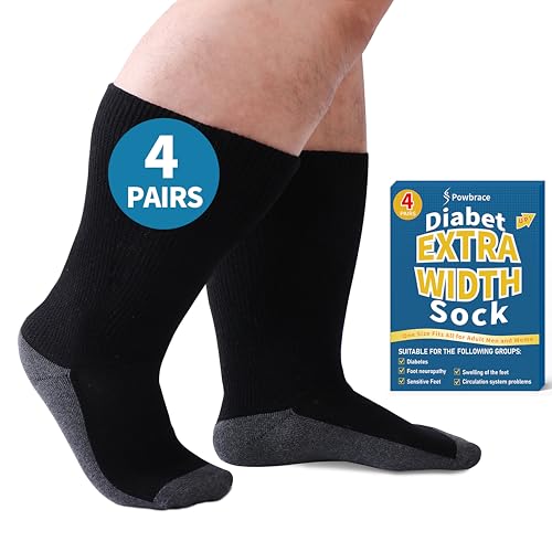 Powbrace Diabetic Socks - 4 Pairs Wide Fit, Plus Size, Lymphedema & Edema Socks for Men, Women & Bariatric Use