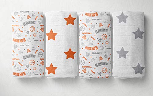 Image of Bacati - 4 Pack Sports Baby Swaddle Blankets Boys Swaddle Wrap Soft Breathable Cotton Muslin Swaddle Blankets Receiving Blanket for Boys, Large 45 x 45 inches (Basketball Orange/Grey)