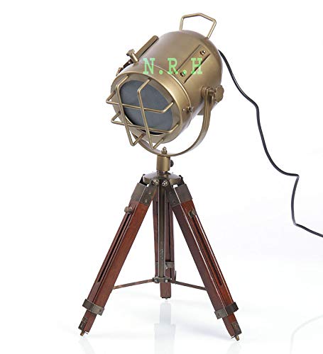 Hollywood Treppiede Lampada da Tavolo Studio Spot Light Base in Legno Finitura Antico
