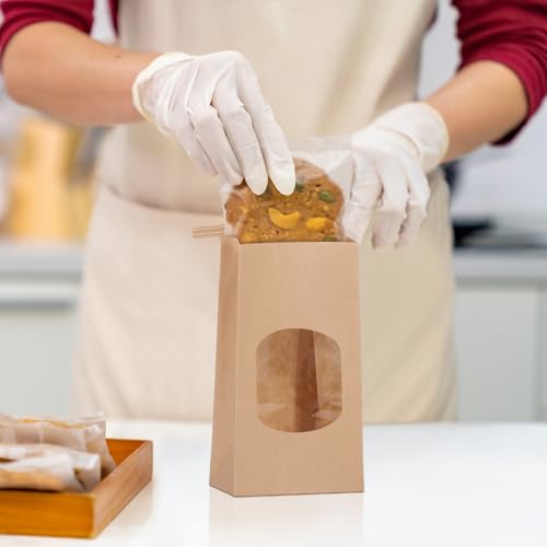 Eupako 3.54x2.36x6.7" Bakery Bags with Window 50 PCS Brown Tin Tie Tab Lock Bags Kraft Paper Bags for Cookies, Coffee