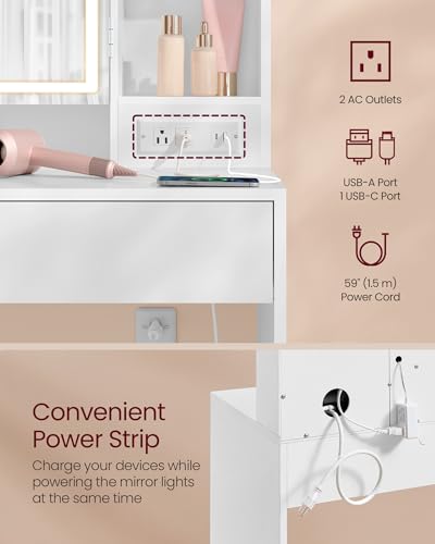 Image of VASAGLE KAILYN Collection - Vanity Desk with Power Outlets, Makeup Vanity with Mirror and Lights, Upholstered Vanity Stool, 6 Compartments, 2 Drawers, for Bedroom, Cloud White URDT031WB02S
