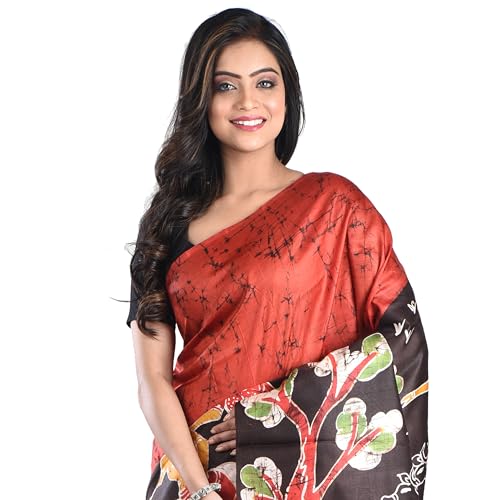Image of 3stones Women's Pure Silk Saree | Handwoven, Hand Batik Pure Saree with Unstiched Blouse Material Piece | Suitable for All Indian Weddings & Festivals| Traditional Pattern | Red and Black