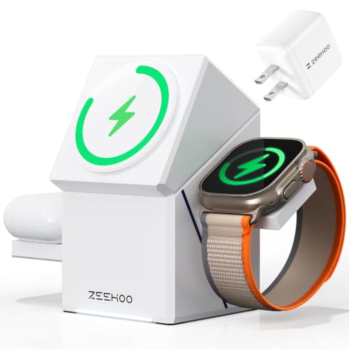 Image of ZEEHOO 3 in 1 Charging Station, for iPhone Charging Station, for Apple MagSafe Charger, 15W Fast Wireless Charger, for Apple Watch, for iPhone 17,16,15,14,13,12 Series, AirPods (White)