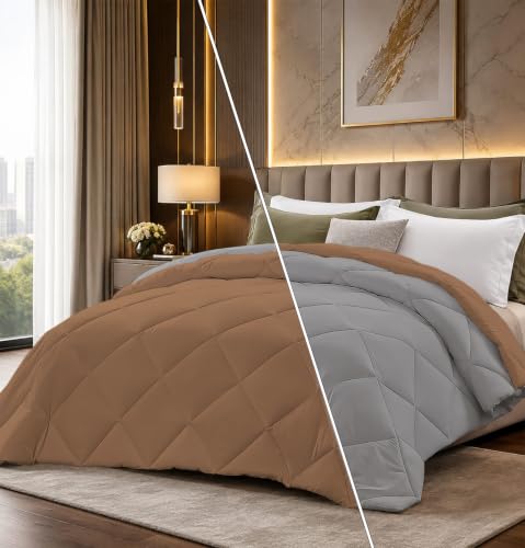 Image of Super Comfort Microfiber 300 GSM Reversible Winter Comforter for Double Bed Rajai /Blanket Diamond Stitch (90 inch x 100 inch Inches /228cm x 254cm) - Comforter Double Bed|Silver /Beige