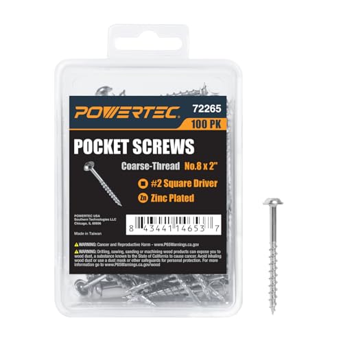 Image of POWERTEC 100 PK Pocket Hole Screws, Maxi-Loc Head, #2 Square Drive, 2 inch Coarse Thread for Pocket Hole Jig, Heavy-Duty Furniture, Workbenches, Table Legs & Framing (72265)