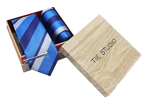Image of TIE STUDIO Men's Necktie Pocket Square & Tie Pin Set | Standard | Jacquard Fabric | Superior Stitching | Wooden Box | Set of 1 |