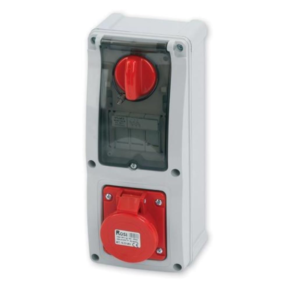 Pionowe gniazdo wtykowe z wyłącznikiem, z przełącznikiem, montowane na ścianie, dolne, uchwyt bezpiecznika, 380 V, 415 V, 5-biegunowe, 3P+N+T, 16A, IP54, do użytku wewnętrznego