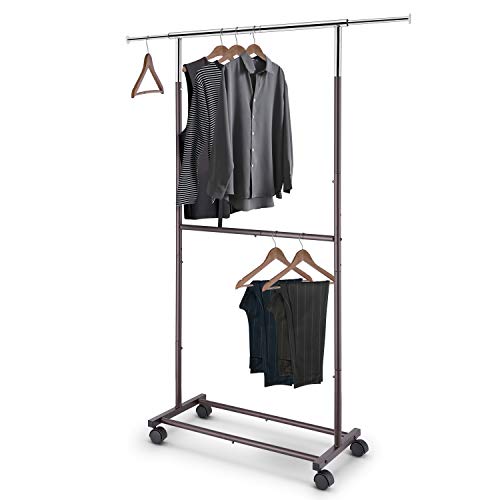 Simple Trending Double Rod Clothing Garment Rack, Rolling Clothes Organizer on Wheels