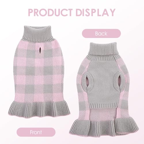 Image of Dog Sweater Dress Plaid Knitwear for Small Medium Dogs Warm Puppy Pet Turtleneck Stretch Pullover Cute Fall Winter Vest Clothes with Leash Hole for Christmas (Grey, M)