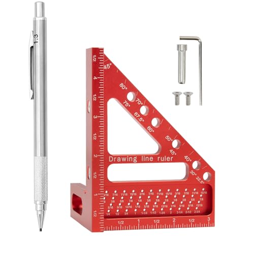 Beslands 3D Multi Angle Measuring Ruler, 22.5-90 Degree High Precision Carpenter Square Woodworking Triangle Ruler Protractor Scriber 3D Square Tool with Angle Position Pin(Red)