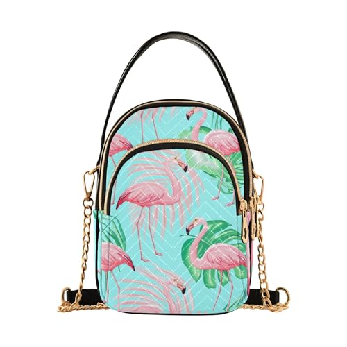 Women Shoulder Purses Prints Cell Phone Wallet Chain Purse Quilted Zipper Satchel Crossbody Tote Pink Flamingos Green Leaves Blue