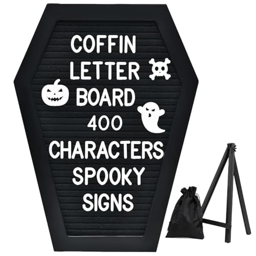 Black Coffin Letter Board with Wooden Stand, 400 Characters Include Spooky & Seasonal Emojis, Coffin Shaped Gothic Halloween Decorations Birthday Wedding Home Office Sign Spooky Gifts, 28 x 40 cm