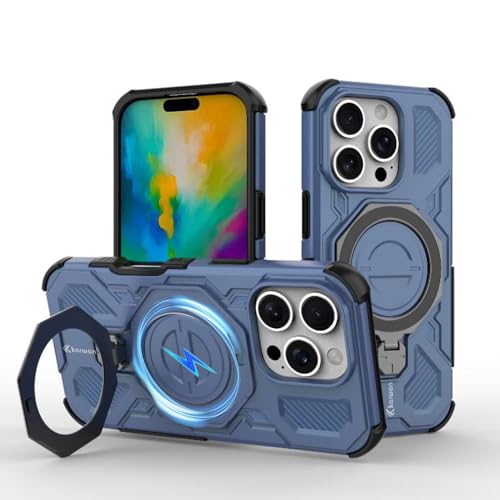 Image of KARWAN Tough Shockproof Armor Back Case Cover Compatible with iPhone 16 Pro Max with 360 Degree Rotation Magnetic Attraction Ring, Holder Heavy Duty Cover with MagEaze Wireless Charging (Blue)