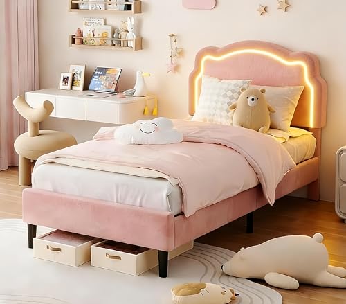 Image of GarveeHome Twin Upholstered Smart LED Bed Frame with Headboard, Velvet Princess Platform Bed Frame for Kids, Wooden Slats Support, No Box Spring Needed (Rose)