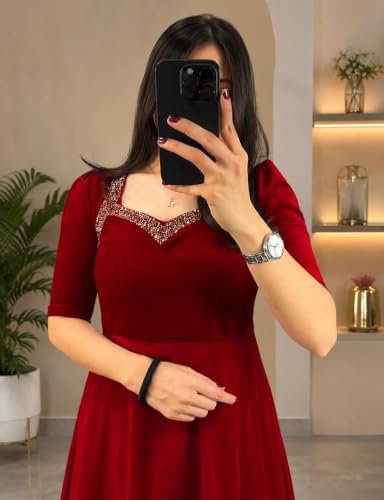 Image of Women Velvet Gown, Full Length, Puff Sleeves, Embellished Neckline, Wedding & Festive Occasion