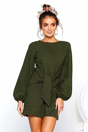 Image of PRETTYGARDEN Womens Spring Elegant Long Lantern Sleeve Short Dress Wedding Guest Crewneck Tie Waist Knit Cocktail Dresses