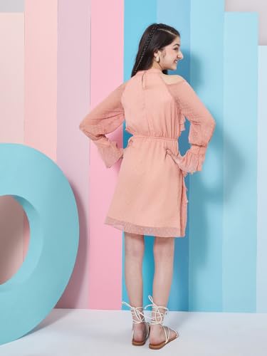 Image of Pspeaches Girl's Self Design Halter Neck Bell Sleeves Layered Ruffled A-Line Dress Orange Color Stylish & Trandy