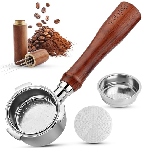 TXErfolg 51mm Bodenloser Siebträger 3 Ears Kompatibel mit Delonghi Dedica EC680/EC685 SMEG und EUPA Walnuss Holzgriff Bottomless Portafilter inklusive Filterkorb Edelstahl Espresso Nadel Verteiler