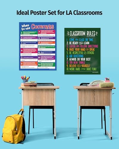Safety Magnets ZOCO - Classroom Rules & Comma Usage - Laminated 17x22 Classroom & English Grammar Posters, 2-Pack