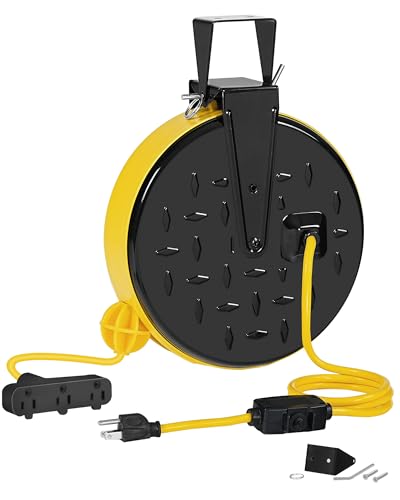 WILAWELS 30 Ft Retractable Extension Cord Reel, 16/3 Gauge SJTW Power Cord with 3 Electrical Outlets Pigtail for Garage and Shop, 10 Amp Circuit Breaker, Metal Plate, UL Listed, Yellow Y30CR06