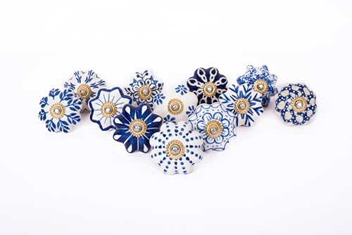 Fashionshopmart Ceramic Knobs Set of 12 – Blue & White Flower Vintage Drawer Pulls, Decorative Cabinet Door Knobs for Kitchen, Dresser, Cupboard, Bathroom, Wardrobe & Furniture Hardware (Pack of 12)