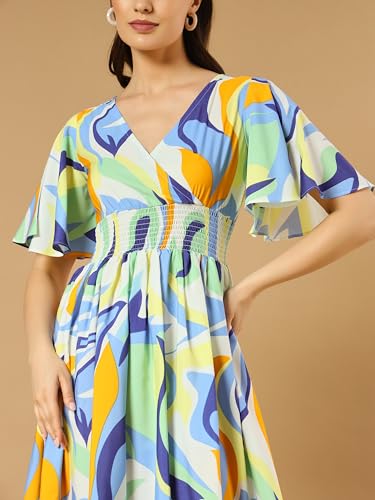 Kzully Women's Rayon Smocked Midi Casual Dress (6001_Rangili_Pista_Blue_Large