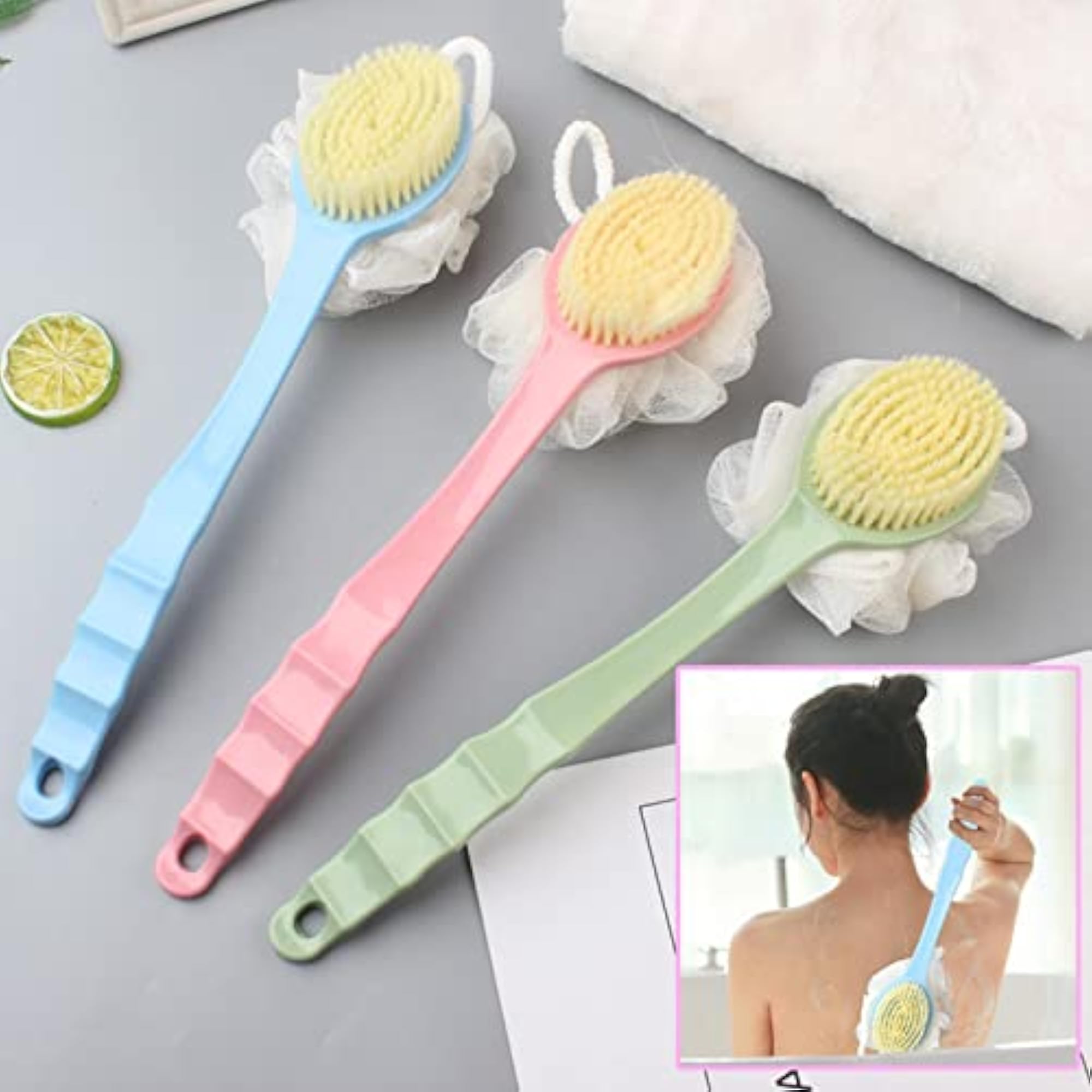 2x Double Side Long Handle Shower Brush with Hanging Hole