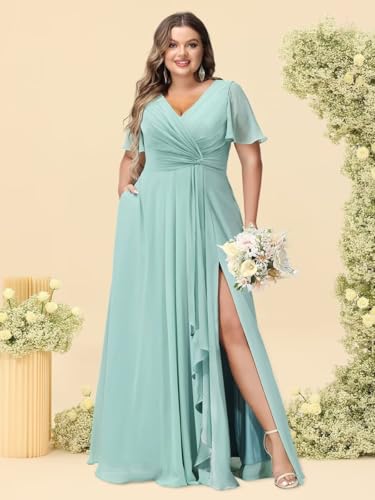 YOFF Flutter Sleeves Long Bridesmaid Dress with Pockets Ruched Chiffon Long A-Line Formal Party Dresses with Slit YO0633
