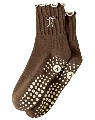 Image of Yawlsow Cute Pilates Grip Socks for Women Ruffle Frilly Yoga Socks Non Slip Cotton Crew Grippy Sock for Barre Workout