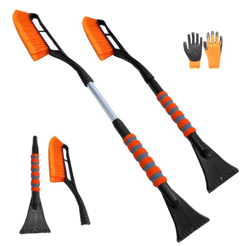 JINGTOPS Grattoir Pare Brise Voiture Telescopique,2 en 1 Raclette Vitre Voiture Gratte Glace et Brosse à Neige avec Gant,Balai Neige Voiture,Dégivreur Pare Brise 78-93 cm (Orange)
