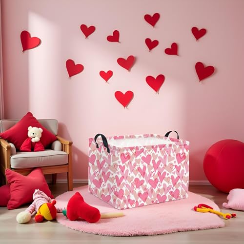 Image of Rectangular Valentines Basket for Women Girls Storage Bin Organizer Box Shelf Room Decor(Romantic Hearts)