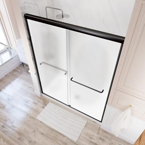 60 inch Black Shower Door，Semi-Frameless Double Sliding Door with Two Handles，Frosted Tempered...